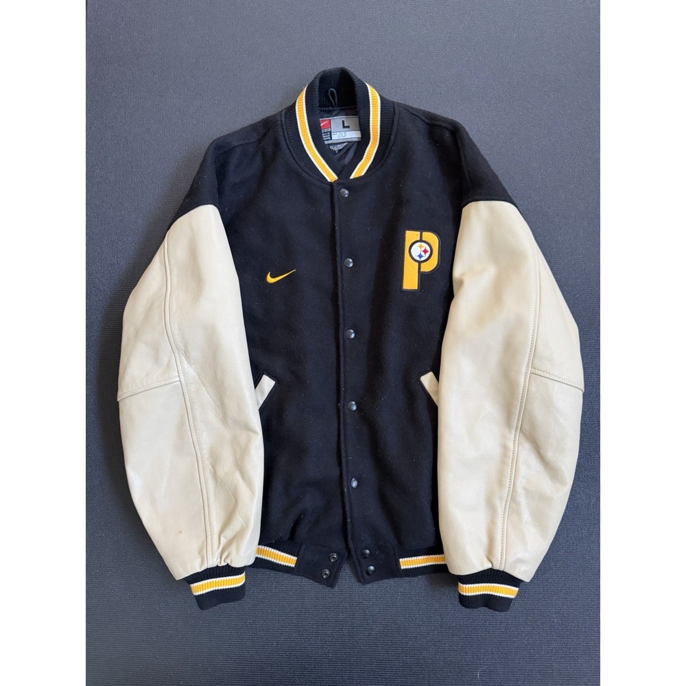 Vintage Nike Pittsburgh Steeler Jacket Mens L Letterman Varsity Wool Leather NFL